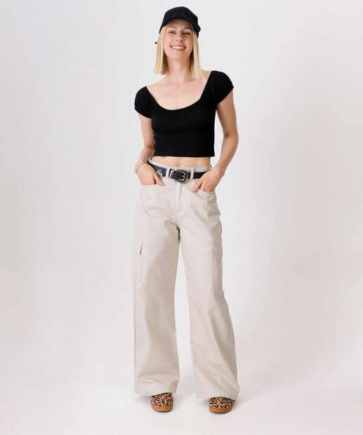 Image_Calça Feminina Sarja Wide Leg Cargo 