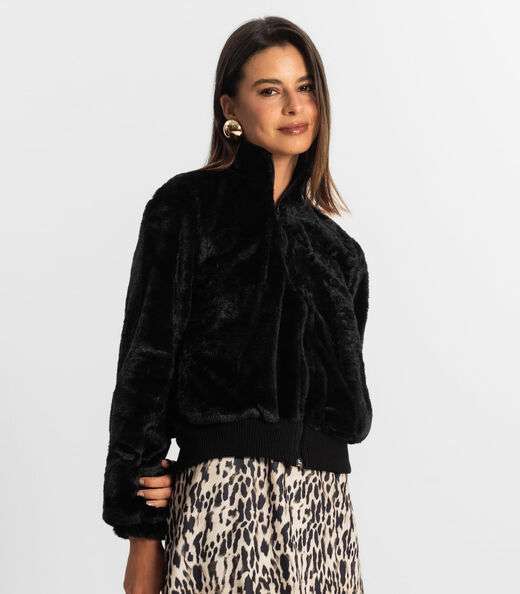 Jaqueta Feminina Em Pelo Sintético Rovitex Preto