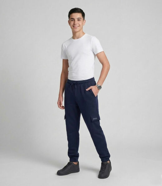 Calça Juvenil Moletom Peluciado Cargo Minty Azul