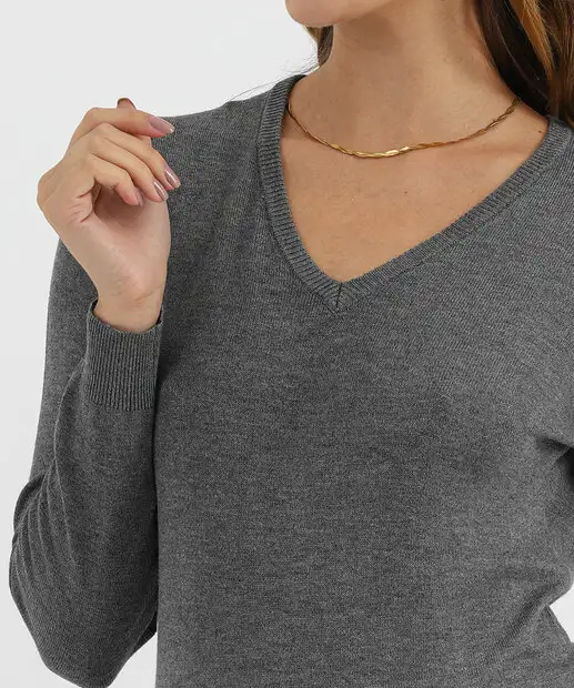Suéter Feminino Mescla Gola V Marisa Cinza