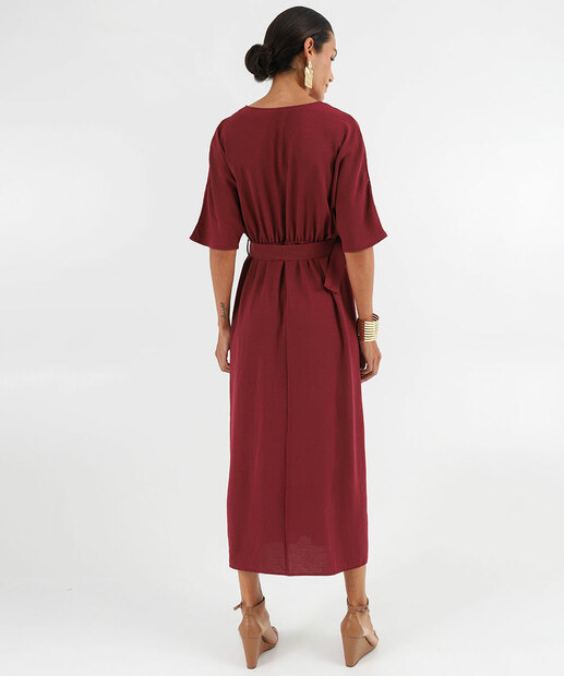 Vestido Feminino Midi Cinto Fenda Marisa Vinho