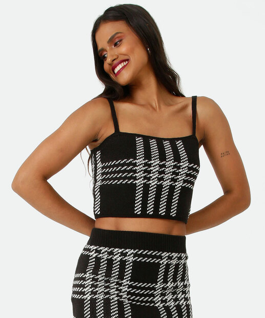 Blusa Cropped Feminina Tricô Pied Poule Alças Finas Marisa