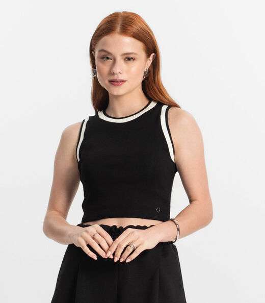 Regata Cropped Feminina Em Ribana Minty Preto