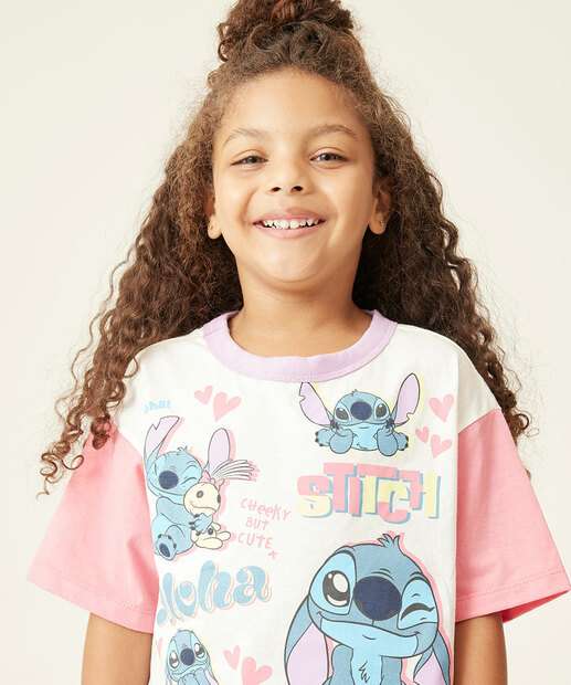 Camiseta Infantil Stitch Manga Curta Disney Tam 4 a 10