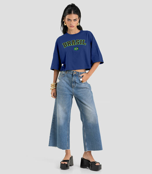 T- Shirt Feminina em Meia Malha Brasil Dianna Azul