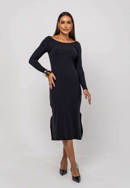 Vestido Midi M/L Decote Canoa Canelado Preto Salvatore