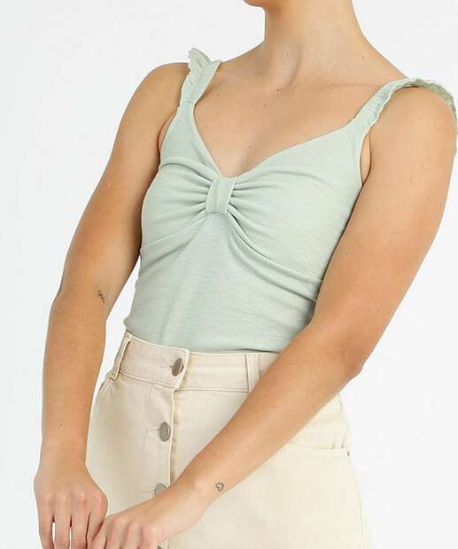 Blusa Regata Feminina Canelada Drapeada Alças Finas Babado