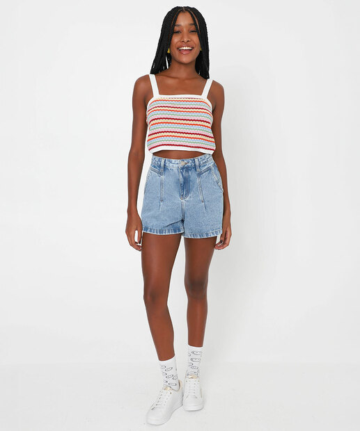 Blusa Cropped Feminina Tricô Listrado Marisa Off White