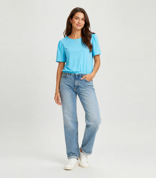 Blusa Feminina Com Franzido Na Manga Infinita Cor Azul