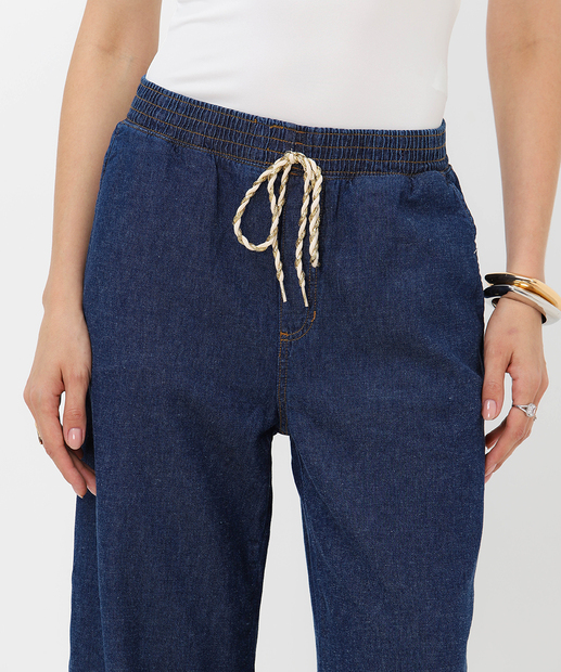 Calça Wide Leg Jeans Feminina Amarração Marisa Azul