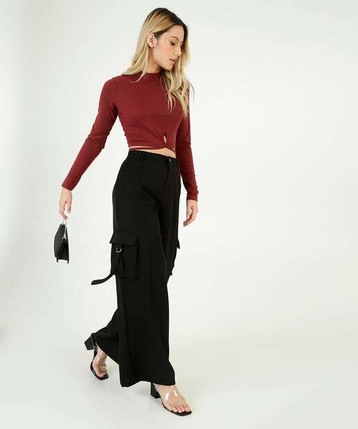 Blusa Cropped Feminina Canelada Amarração Manga Longa