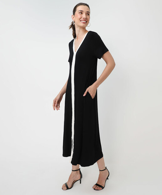 Vestido Midi Feminino Recorte Bolsos Marisa Preto