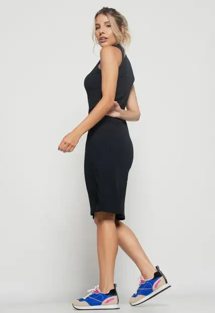 Vestido  Midi Regata Cava Americana Canelado Preto