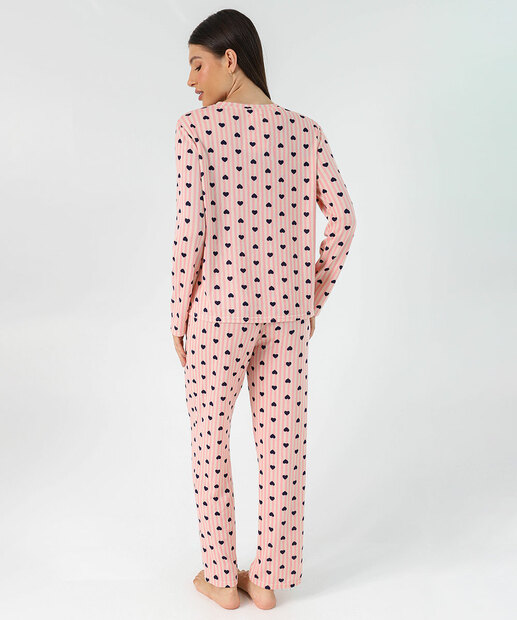 Pijama Feminino Tricô Listrado Coração Marisa Off White