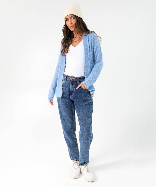 Cardigan Feminino Tricô Alongado Pelúcia Marisa Azul