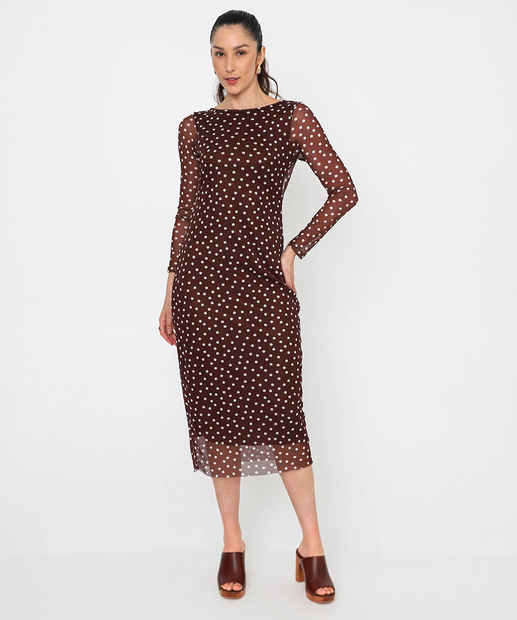 Vestido Feminino Midi Tule Estampa Poá Marisa Marrom