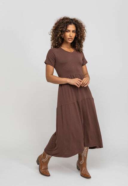 Image_Vestido Midi Manga Curta Com Babado Marrom Salvatore