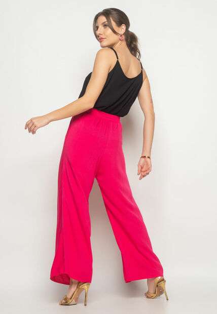 Calça Wide Leg Viscolinho Com Bolso Rosa Salvatore Fashion
