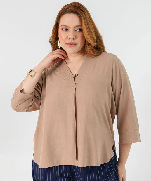 Image_Blusa Plus Size Feminina Manga 7/8 Marisa Bege