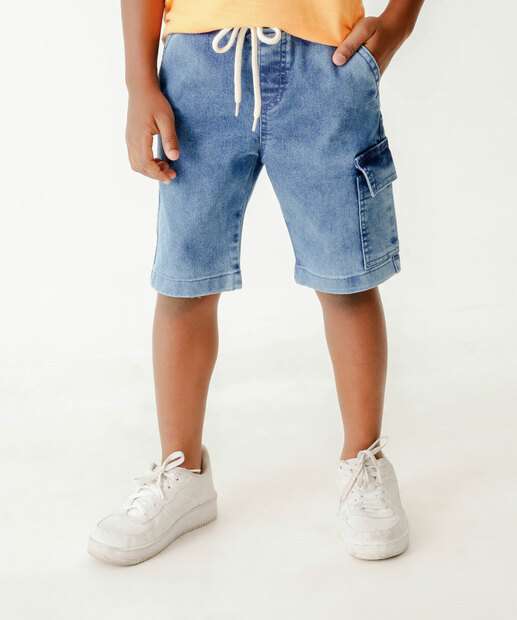 Bermuda Infantil Jeans Bolso Cargo Tam 04 a 08 Azul