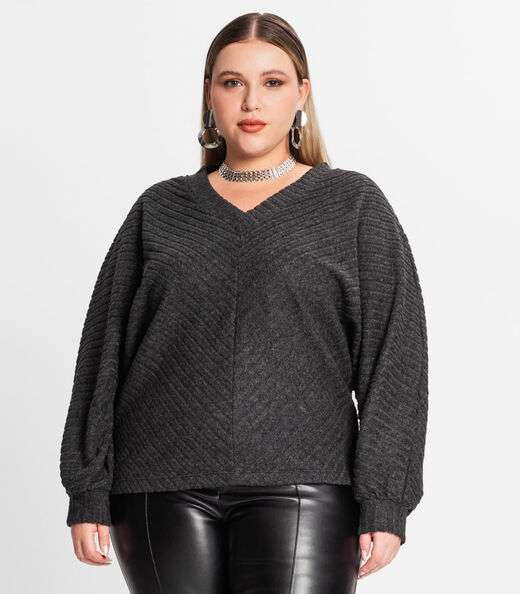 Blusão Feminino Plus Size Canelado Secret Glam Preto