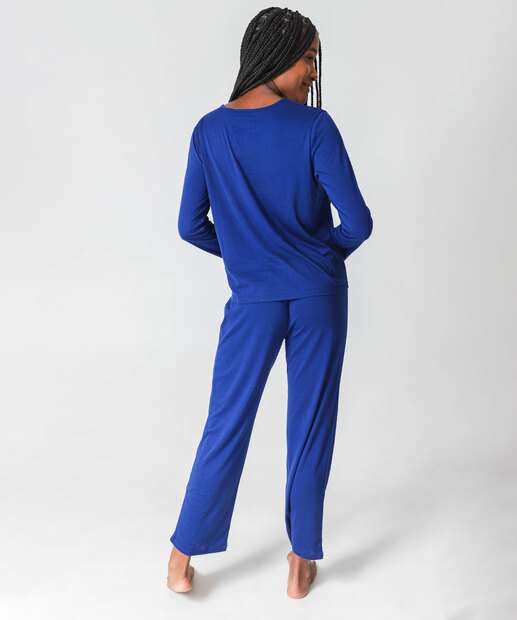 Pijama Feminino Liso Manga Longa Marisa Azul