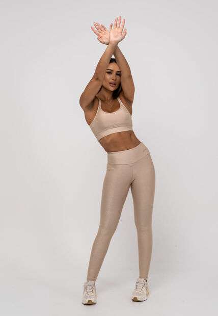 Calça Legging Suplex Canelada Brilho Básica Bege Salvatore Fashion