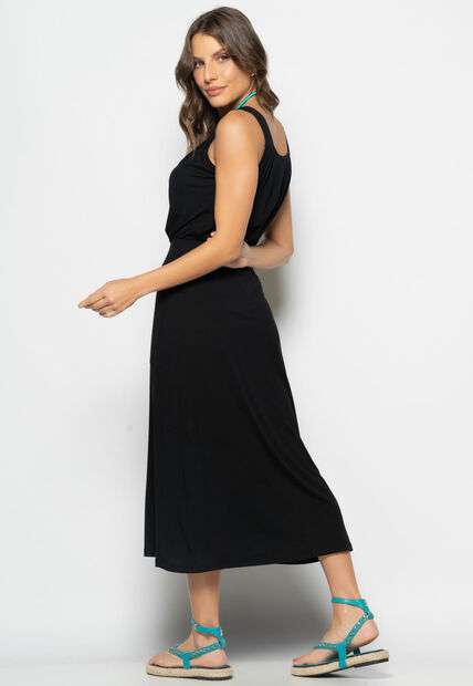 Conjunto Regata Drapeada e Saia Midi Malha Preto Salvatore