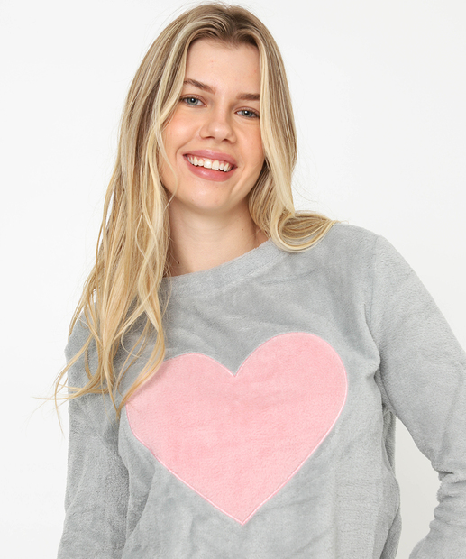 Pijama Feminino Plush Estampa Coração Marisa Cinza