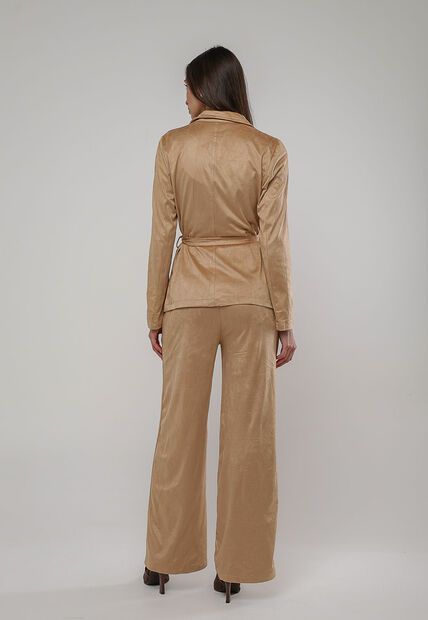 Calça Suede Wide Leg Com Recorte Bege Salvatore