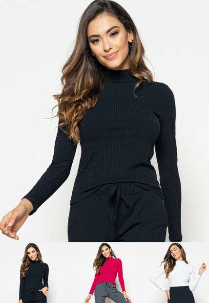 Image_Kit 3 Blusas  Gola Alta Manga Longa Malha Canelada Preta, Rosa e Branca