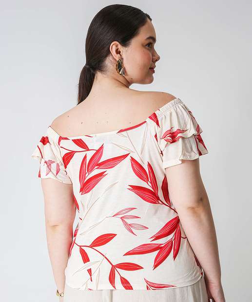 Blusa Ciganinha Plus Size Feminina Estampada Marisa Off White