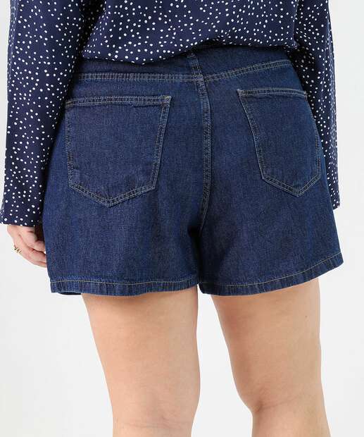 Short Plus Size Feminino Jeans Bordado Laços Azul