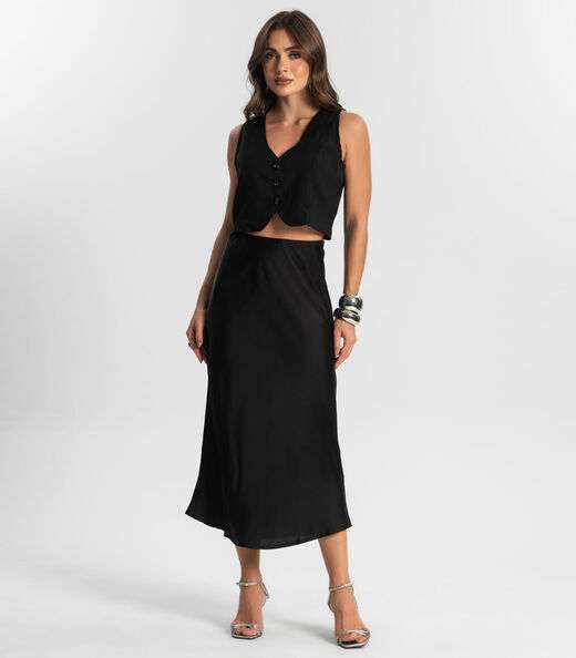 Saia Feminina Midi Acetinada Style Box Preto