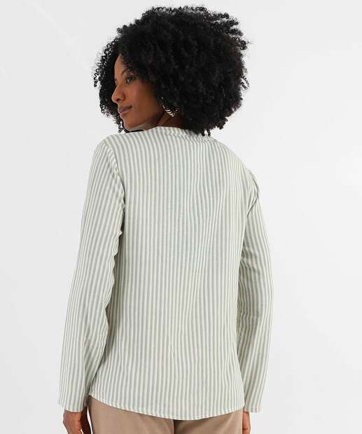 Camisa Feminina Listrada Manga Longa Marisa Verde