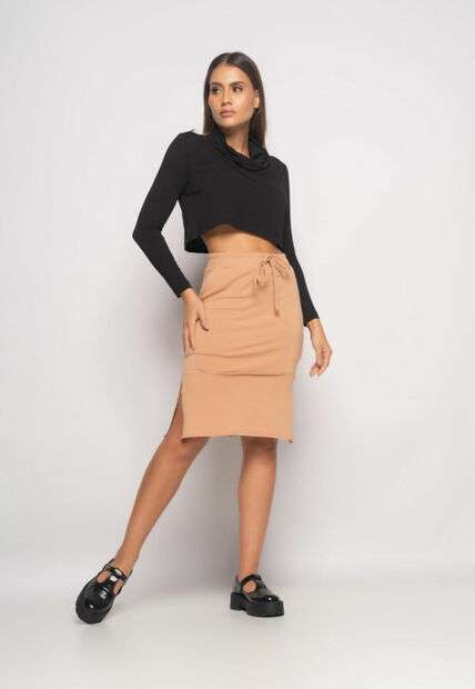 Saia Midi Com Recortes Malha Comfort Bege Salvatore Fashion