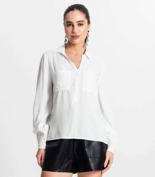 Camisa Feminina Com Bolsos Manga Longa Select Bege