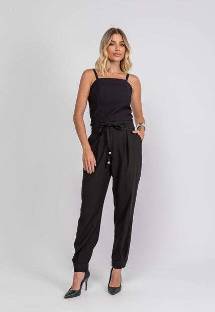 Calça de Alfaiataria com Pregas e Amarração Preta Salvatore