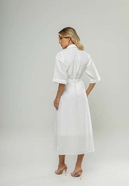 Vestido Midi Chemise Com Cinto Branco Salvatore