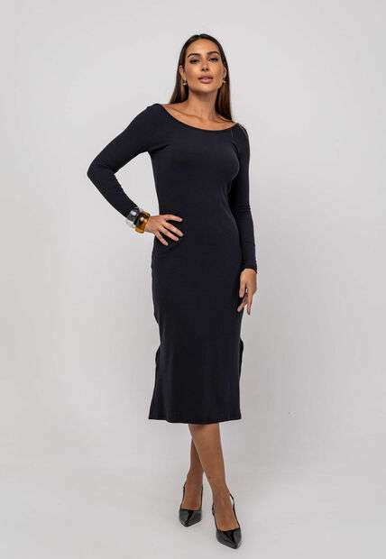 Vestido Midi M/L Decote Canoa Canelado Preto Salvatore