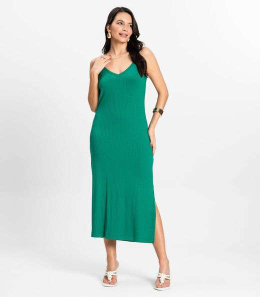Vestido Midi em Ribana Canelada Rovitex Verde