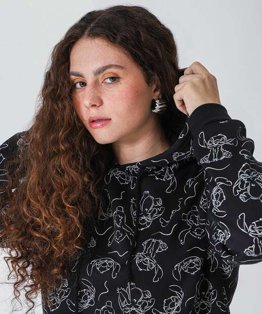 Blusão Feminino Moletom Flanelado Stitch Preto