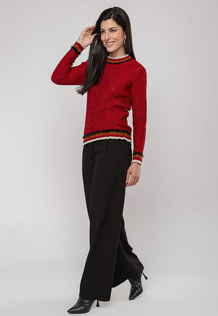 Blusa de Tricot com Fio Boton? Gola Listra Vermelho Salvatore