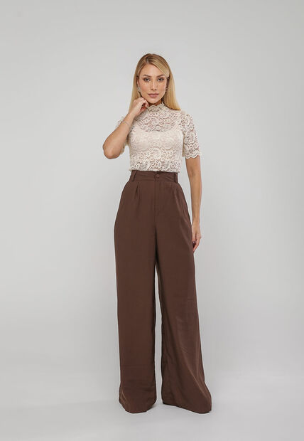 Blusa de Renda Gola Alta E Manga Curta Marfim Salvatore
