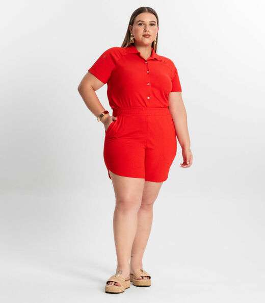 Conjunto Plus Size Camisa Com Bermuda Secret Glam Laranja