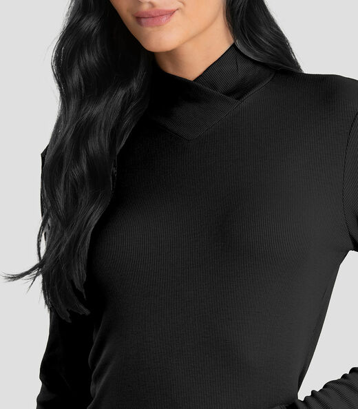 Blusa Feminina Gola Alta Cruzada Canelada Dianna Preto