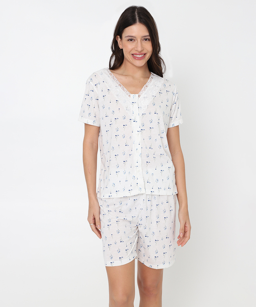 Pijama Feminino Americano Recorte Renda Marisa Off White