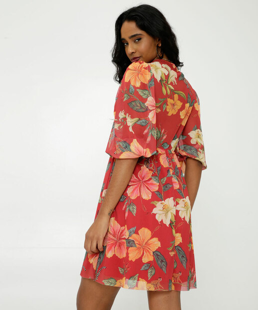 Vestido Feminino Tule Floral Manga Bufante 3/4 Marisa