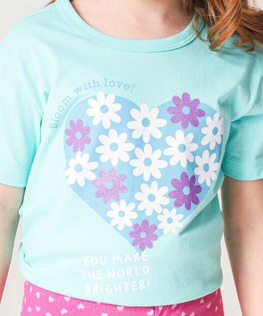 Camiseta Infantil Flores Coração Marisa Tam 4 a 10 Azul