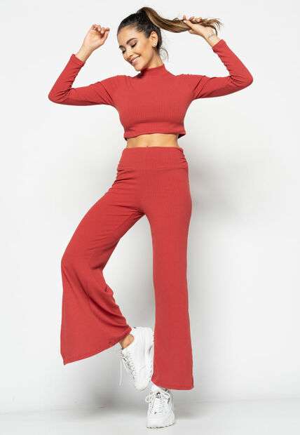 Cropped  Gola Alta Manga Longa Comfy Malha Canelada Terracota